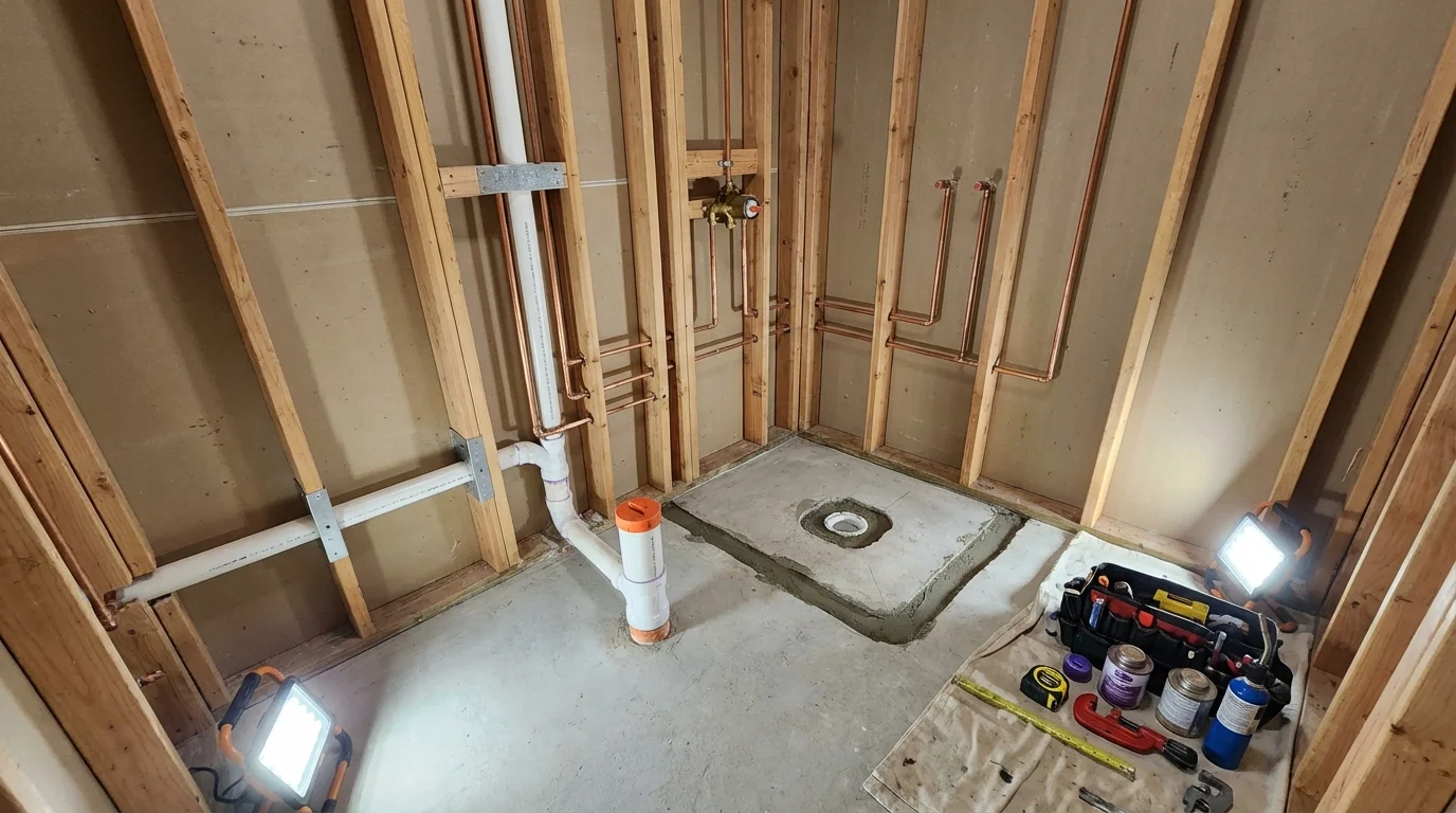 Bathroom rough-in plumbing during remodel by Johns Plumbing LLC in Campo