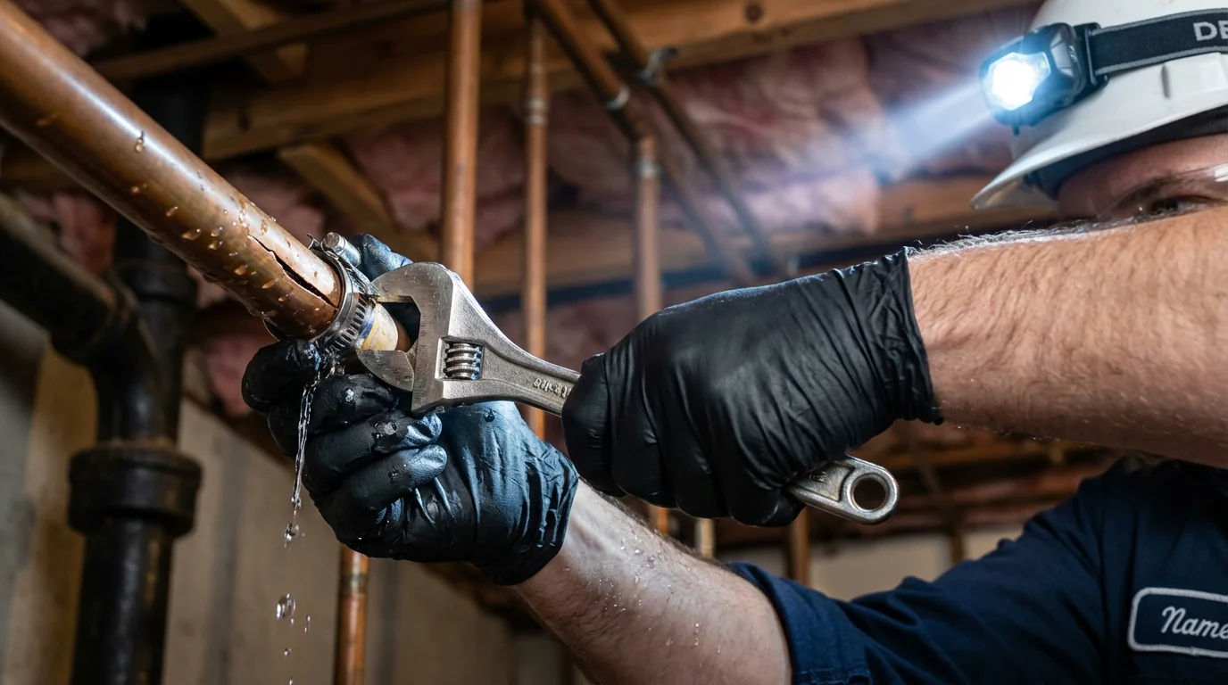 Emergency pipe clamp repair being performed by a Johns Plumbing LLC plumber in Campo