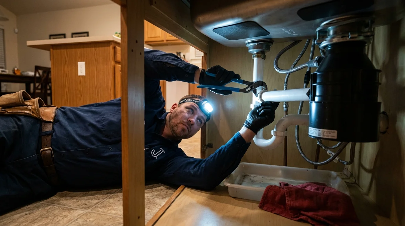 P-trap and supply line connections under a kitchen sink showing a common leak point in Campo, CA
